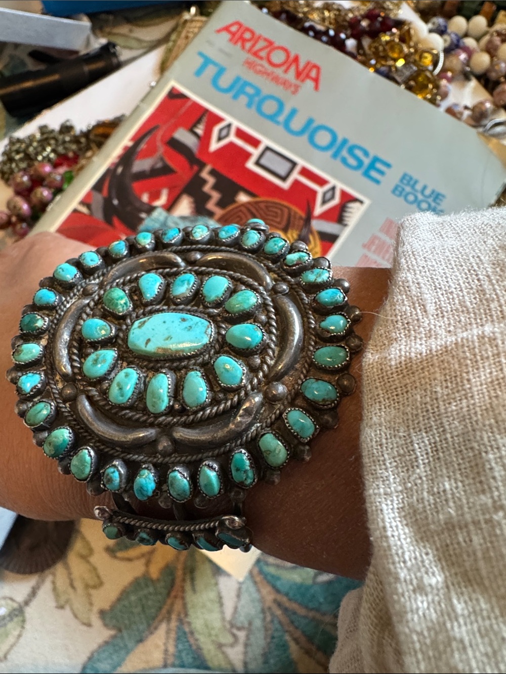 Amazing vintage Turquoise Cluster Statement Cuff Bracelet Sterling no markings